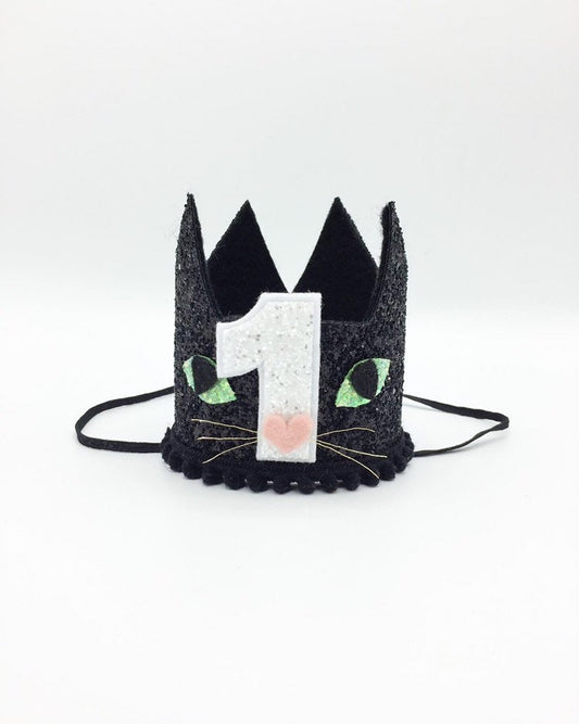 Black Glitter Cat Theme Crown with Green Cats Eyes and White number