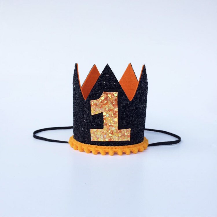 Black Glitter birthday crown with orange detail.