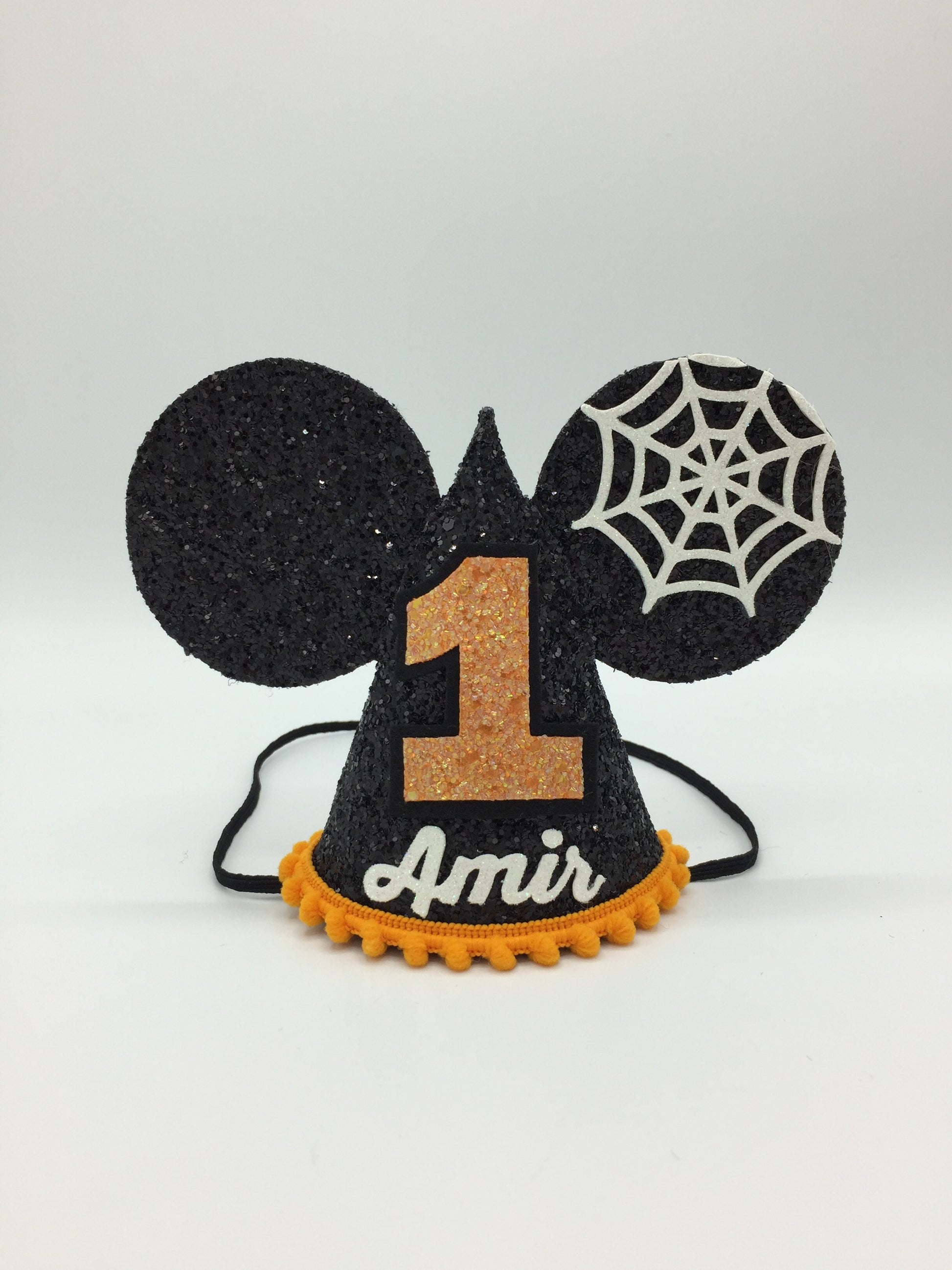 Mickey Mouse halloween cone hat in black, orange with white web detail