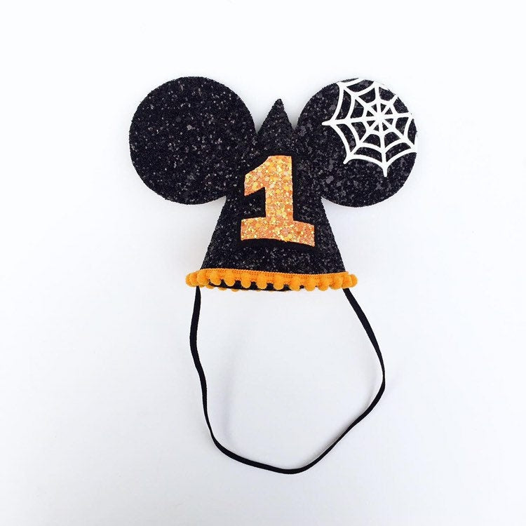 Mickey Mouse halloween cone hat in black, orange with white web detail