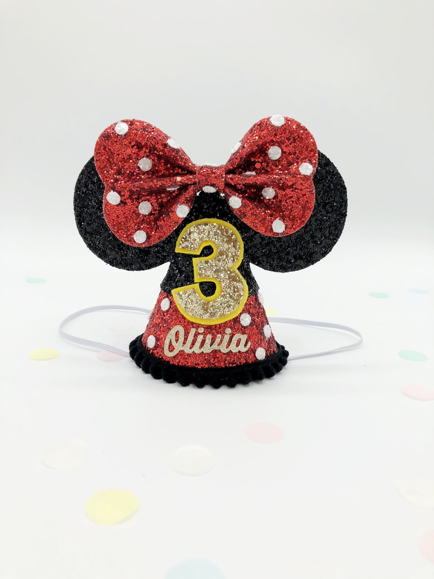 Minnie Mouse cone hat in red and black
